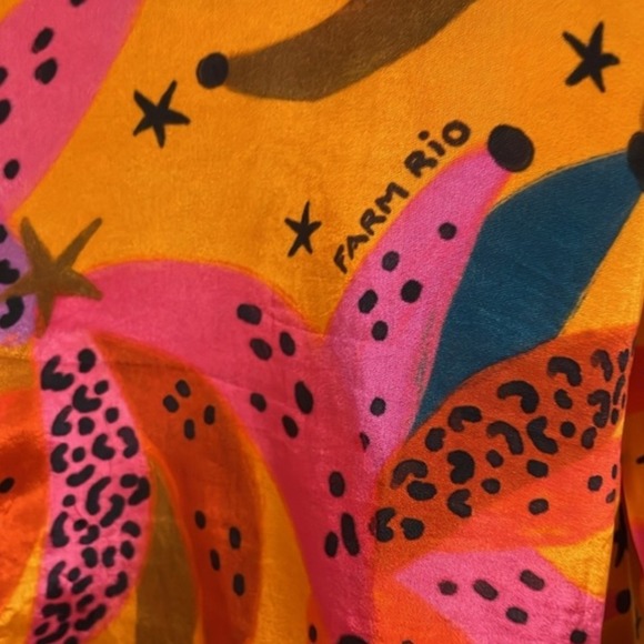 FARM RIO Tropical Banana Logo Button Up Shirt Women Medium Long Sleeves Dopamine - Picture 7 of 15